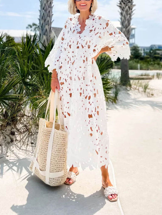 Raquel - Blumige Lochmuster Midi-Kleid mit langen Ärmeln