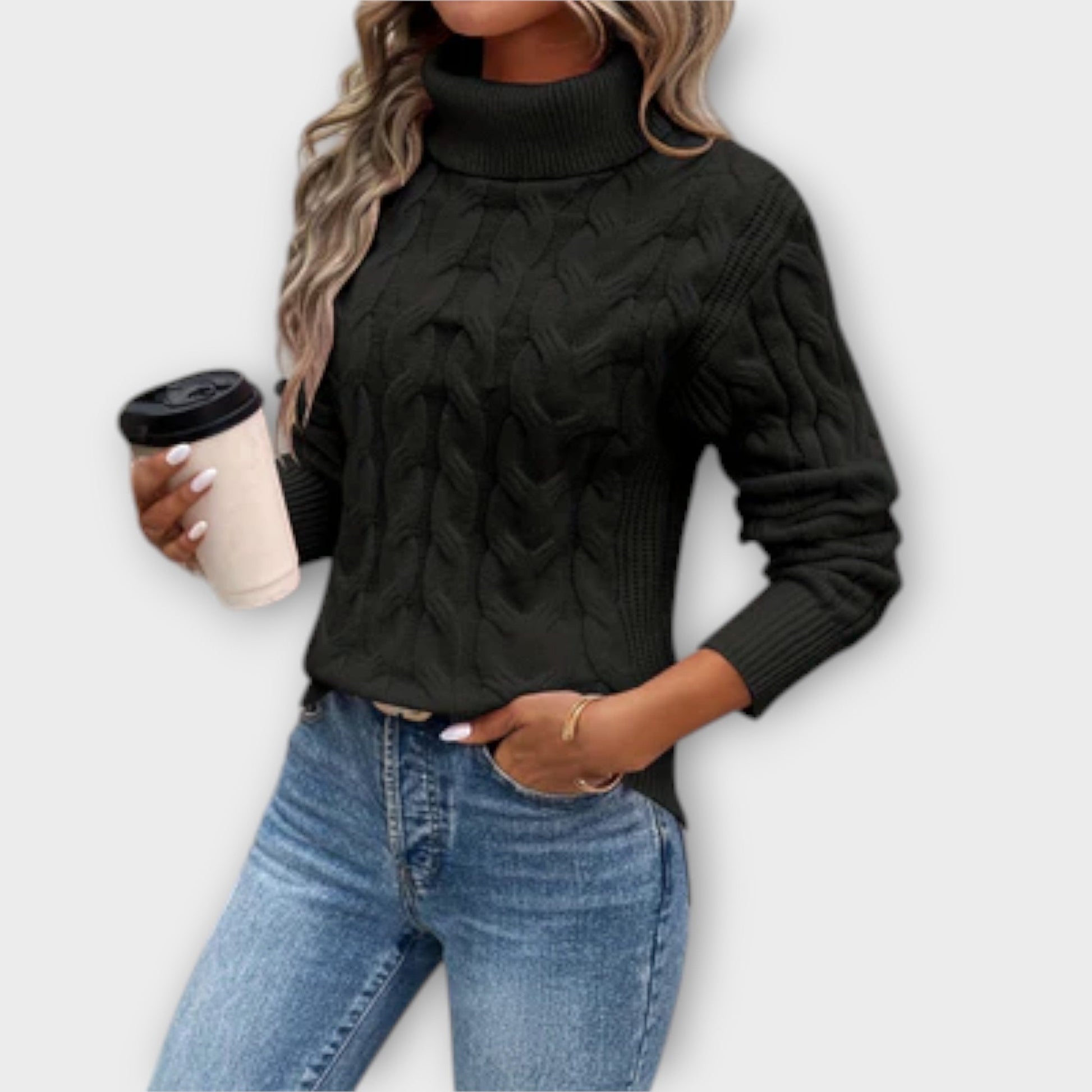 Schwarzer Rollkragenpullover Damen-4