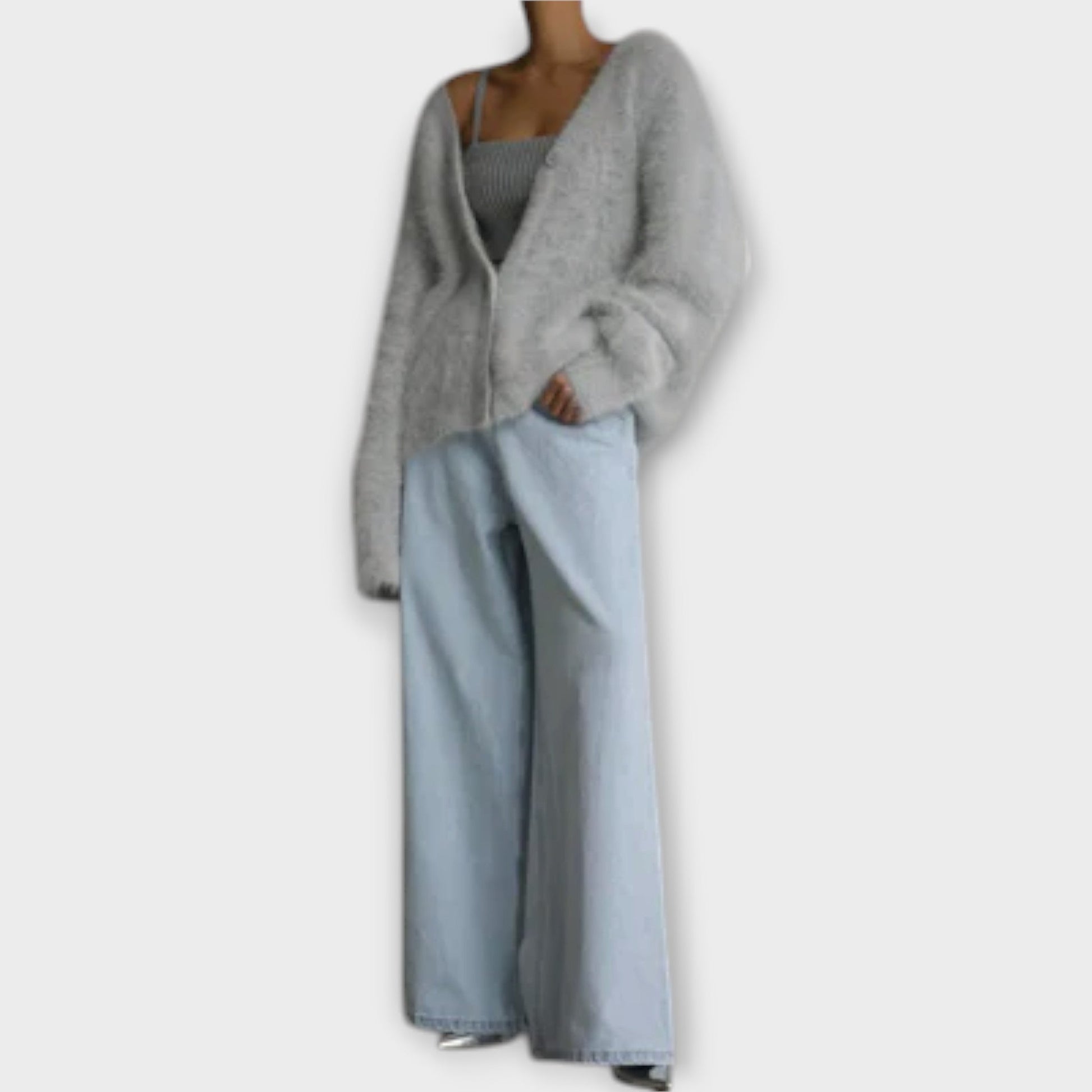 Oversized Strickjacke Damen V-Ausschnitt-5